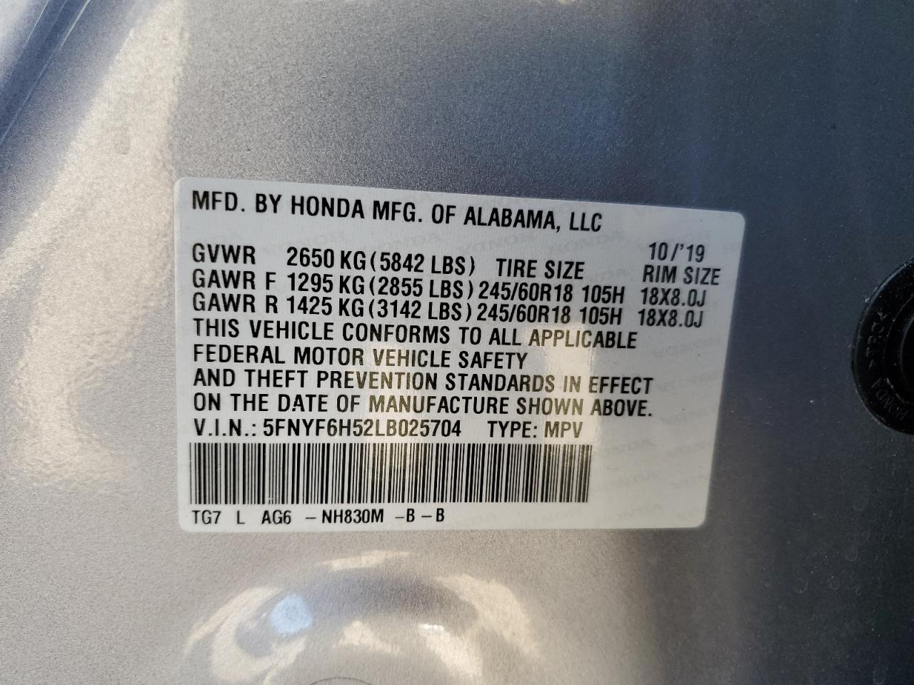 2020 Honda Pilot Exl VIN: 5FNYF6H52LB025704 Lot: 82190375