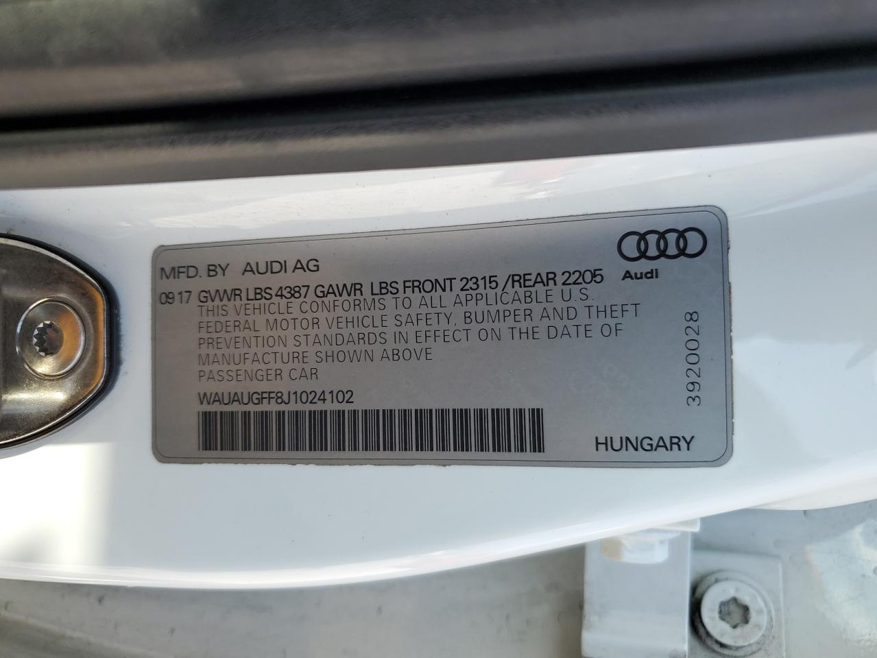 2018 Audi A3 Premium VIN: WAUAUGFF8J1024102 Lot: 86472645