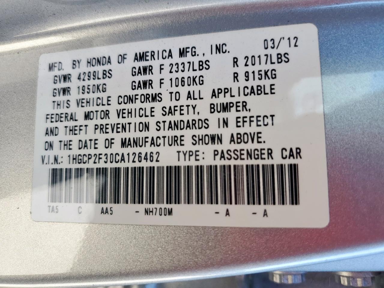 2012 Honda Accord Lx VIN: 1HGCP2F30CA126462 Lot: 82314105