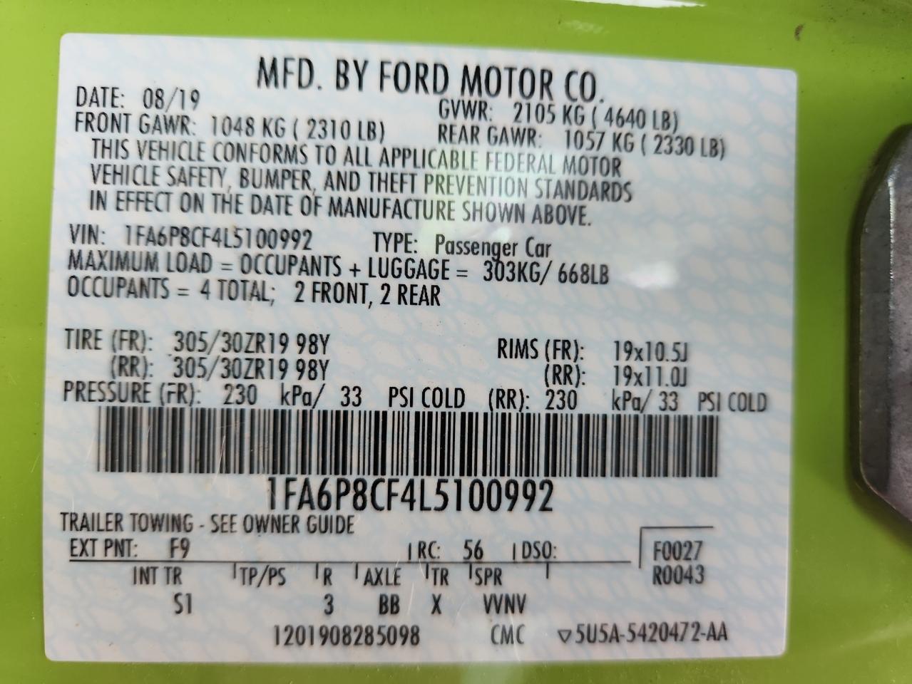 2020 Ford Mustang Gt VIN: 1FA6P8CF4L5100992 Lot: 82756515