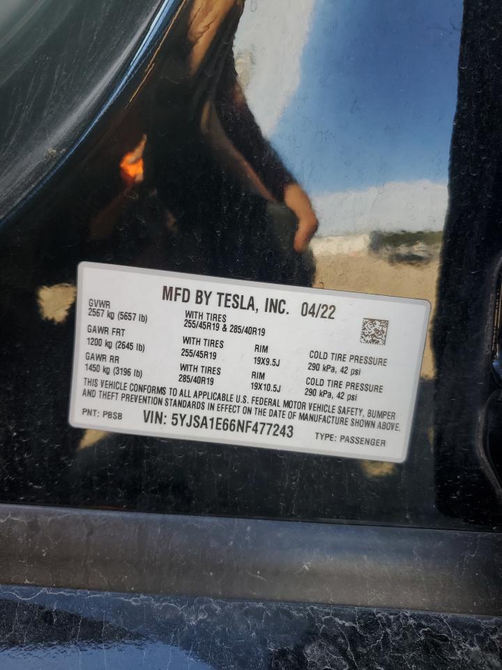 2022 Tesla Model S VIN: 5YJSA1E66NF477243 Lot: 86181265