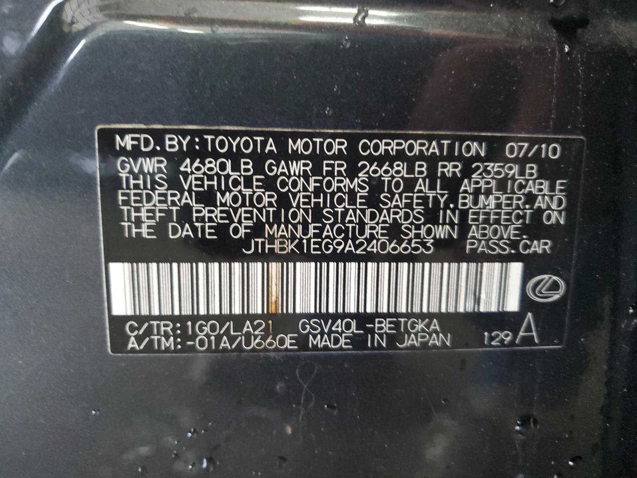 2010 Lexus Es 350 VIN: JTHBK1EG9A2406653 Lot: 90400495