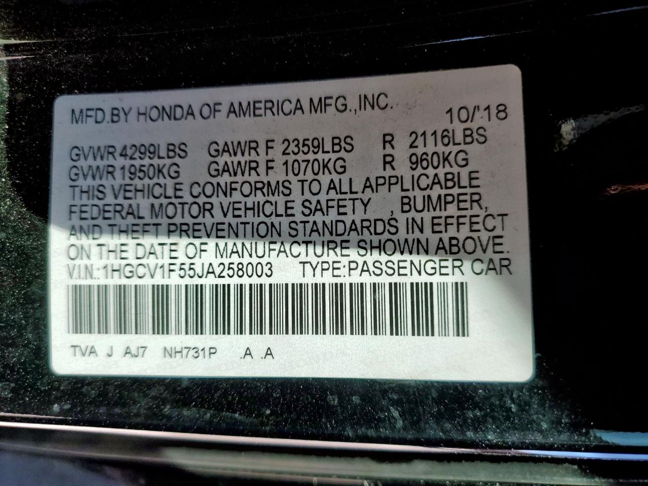 2018 Honda Accord Exl VIN: 1HGCV1F55JA258003 Lot: 82410555