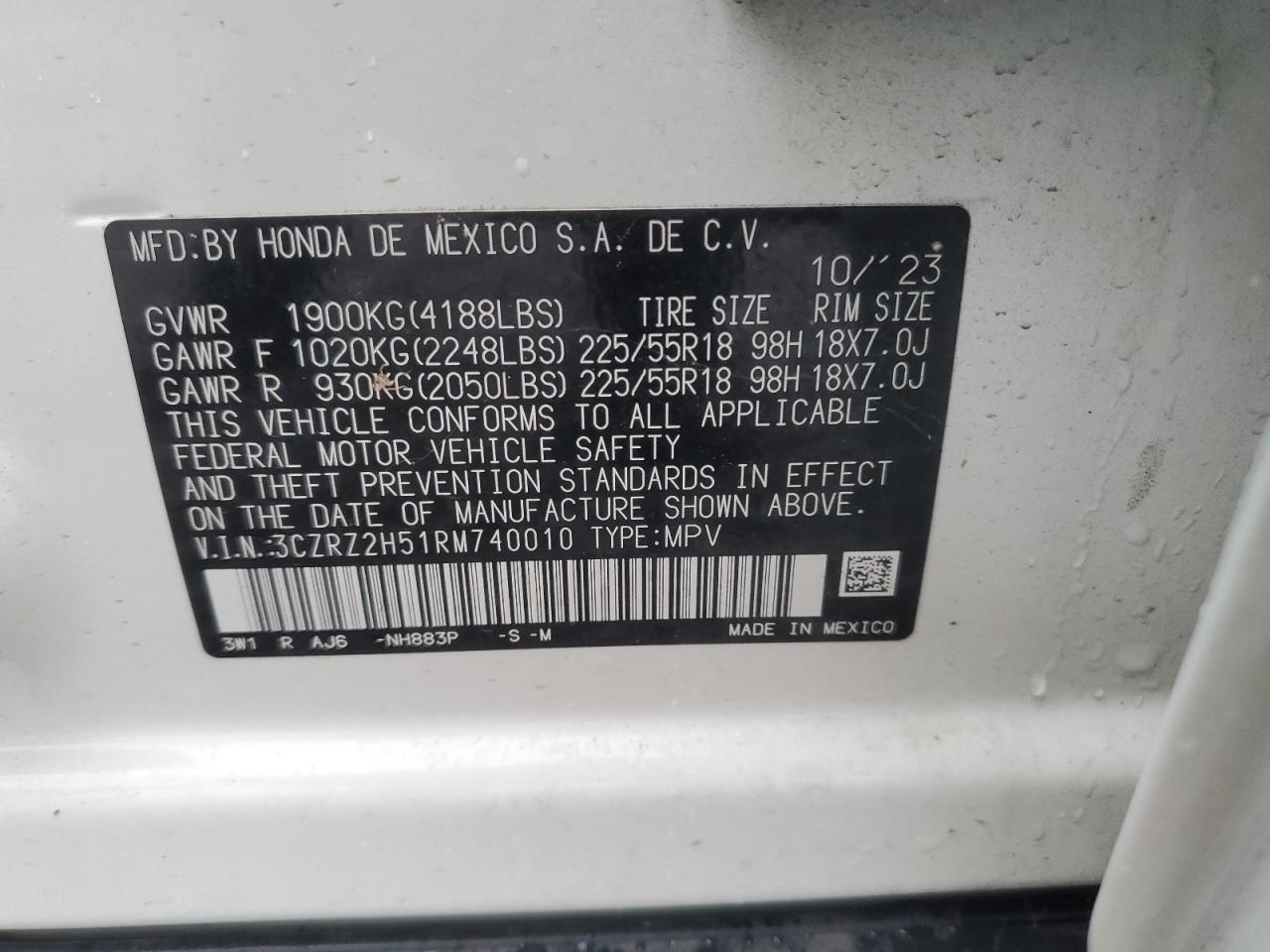 2024 Honda Hr-V Sport VIN: 3CZRZ2H51RM740010 Lot: 85494725