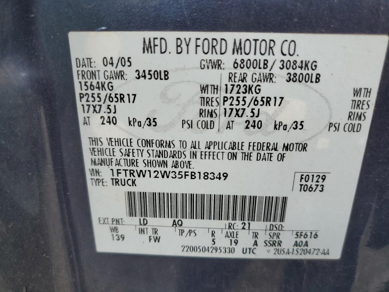 2005 Ford F150 Supercrew VIN: 1FTRW12W35FB18349 Lot: 85550955