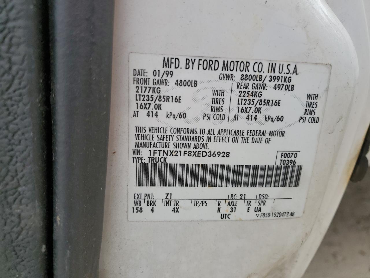 1999 Ford F250 Super Duty VIN: 1FTNX21F8XED36928 Lot: 85602065