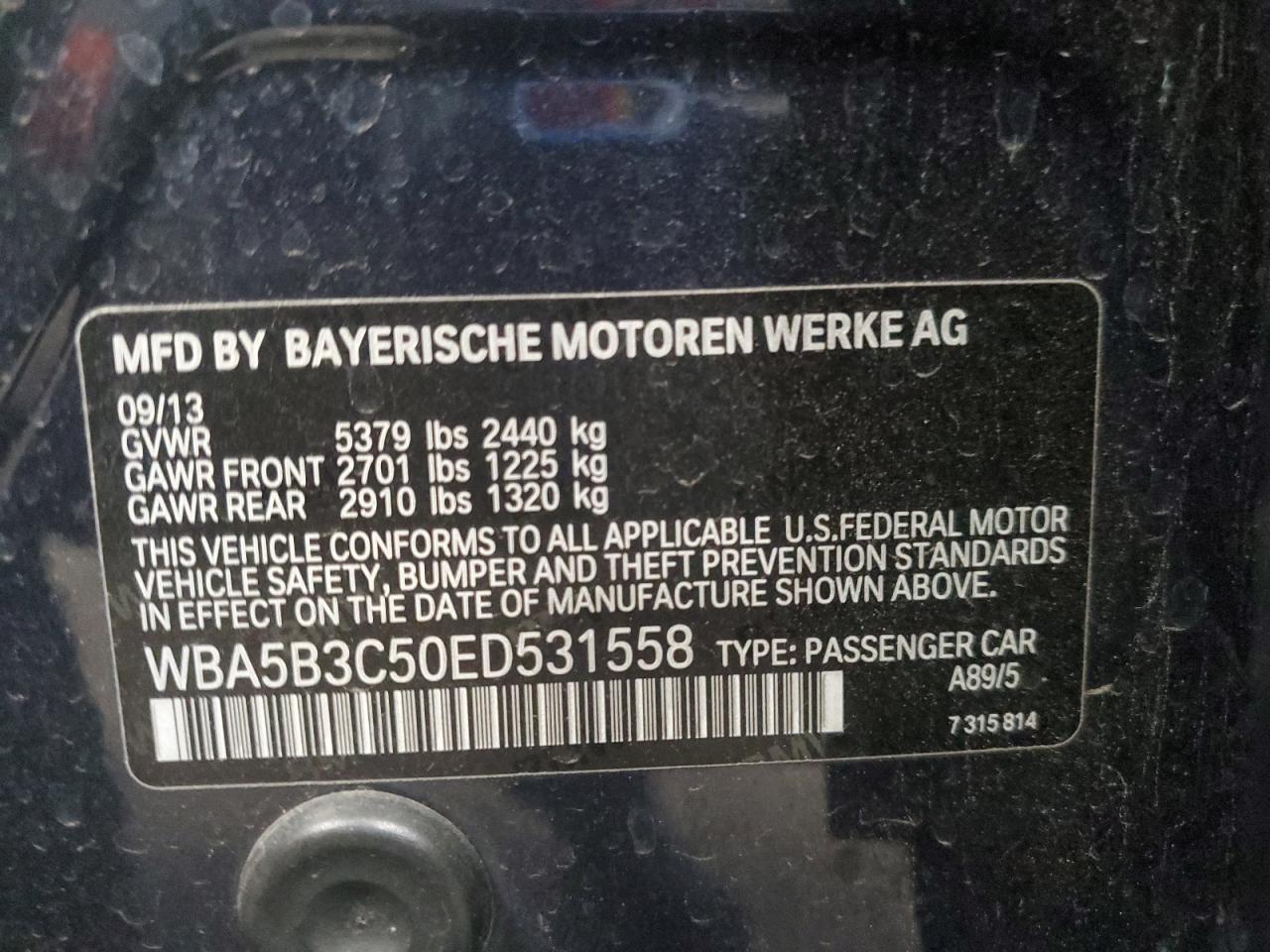 2014 BMW 535 Xi VIN: WBA5B3C50ED531558 Lot: 81895335