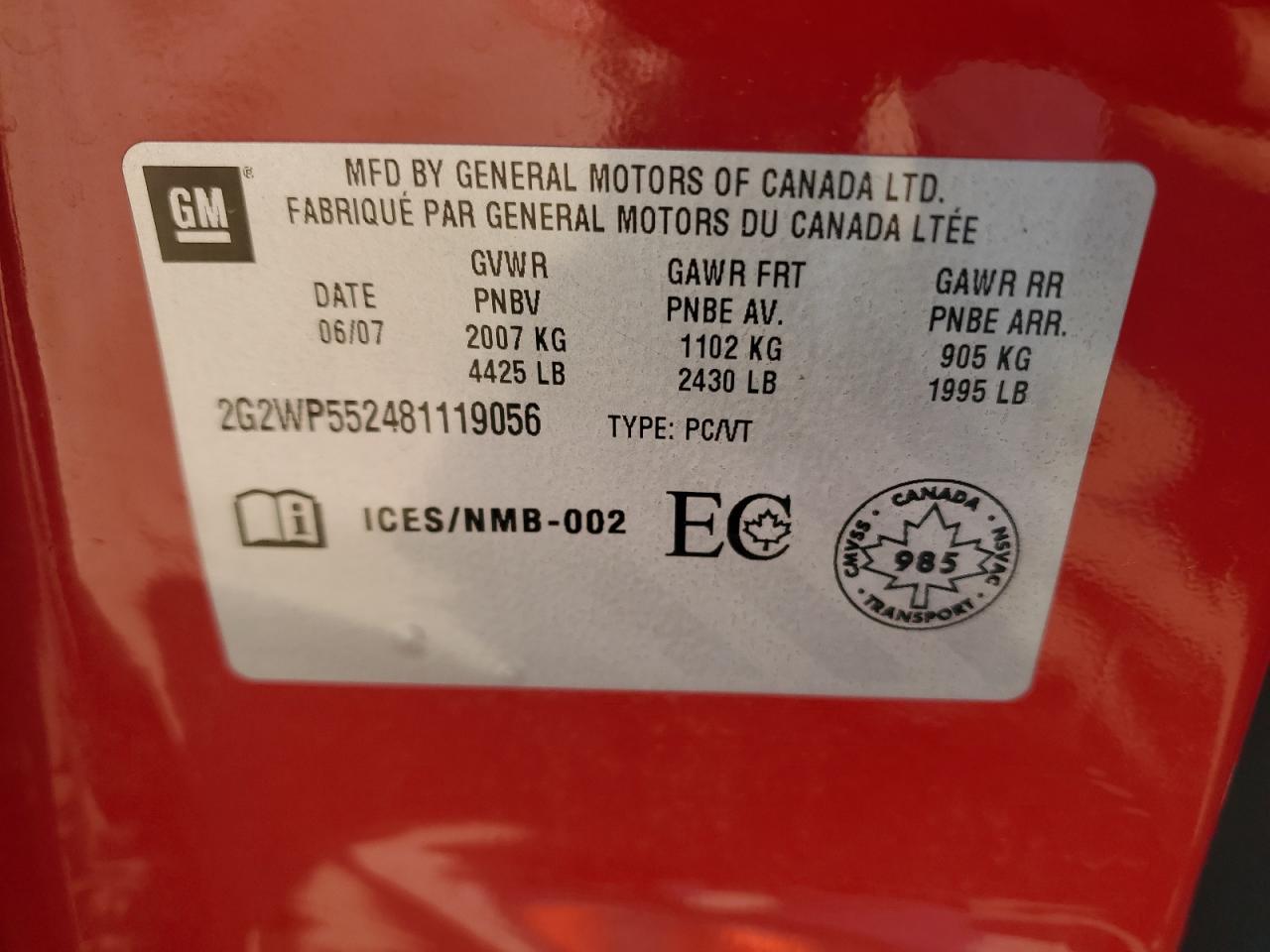 2008 Pontiac Grand Prix VIN: 2G2WP552481119056 Lot: 86530965