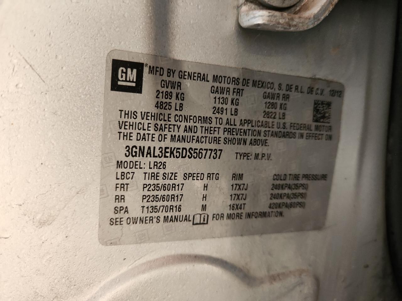 2013 Chevrolet Captiva Lt VIN: 3GNAL3EK5DS567737 Lot: 82121155