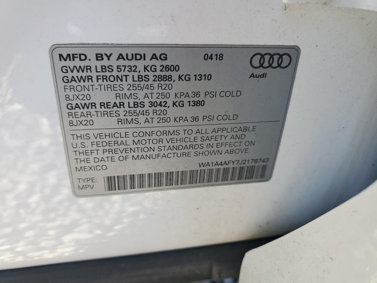 2018 Audi Sq5 Premium Plus VIN: WA1A4AFY7J2178743 Lot: 83999655