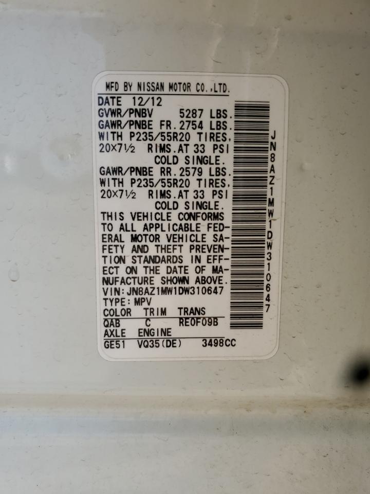 2013 Nissan Murano S VIN: JN8AZ1MW1DW310647 Lot: 84821195