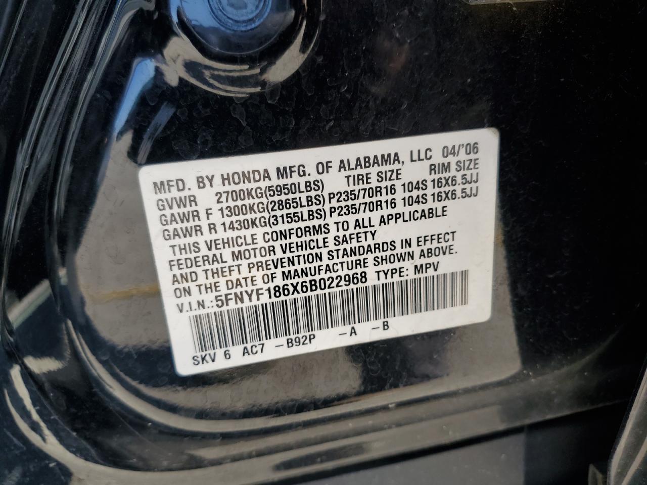 2006 Honda Pilot Ex VIN: 5FNYF186X6B022968 Lot: 89922575