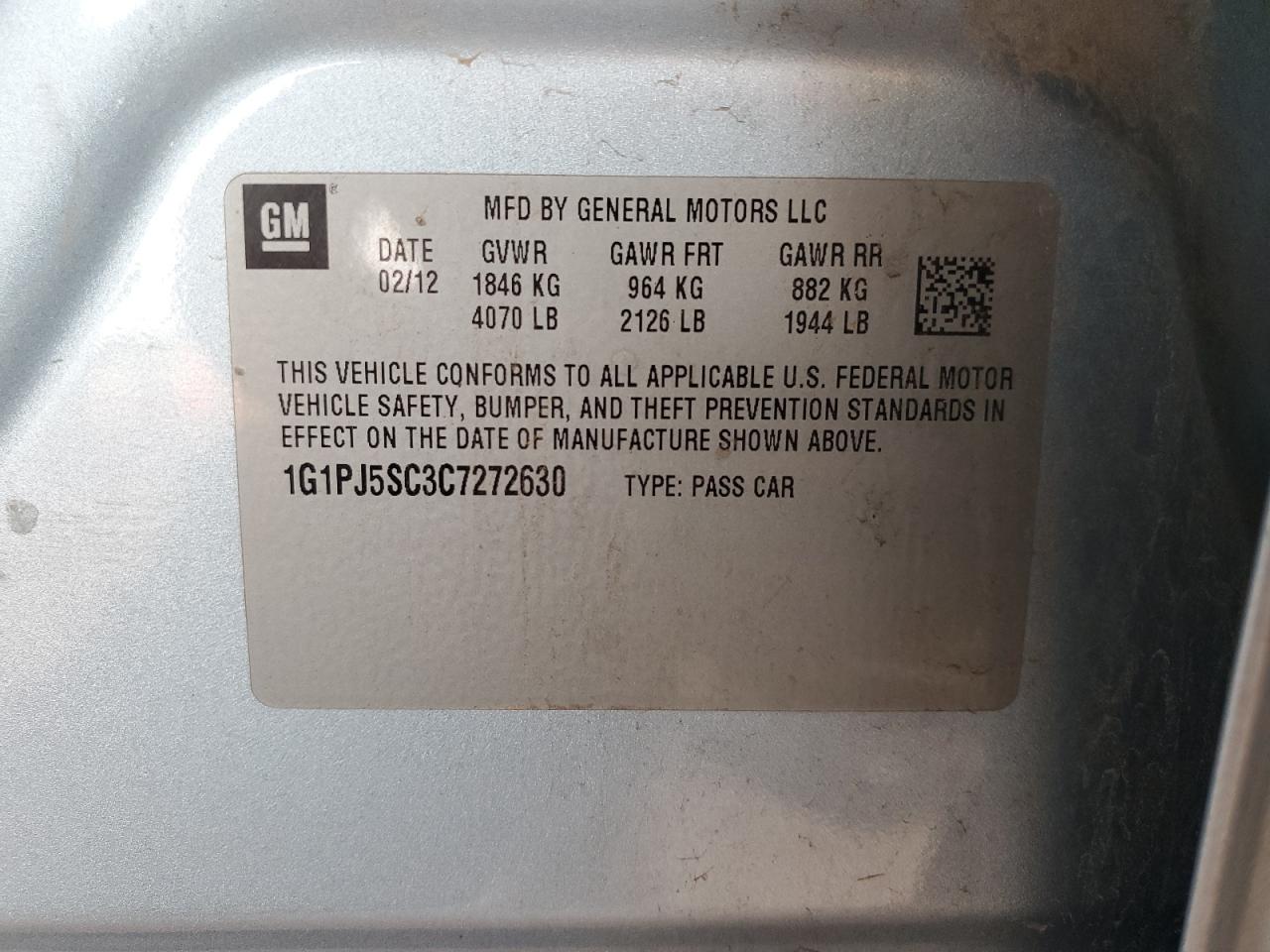 2012 Chevrolet Cruze Eco VIN: 1G1PJ5SC3C7272630 Lot: 85007615