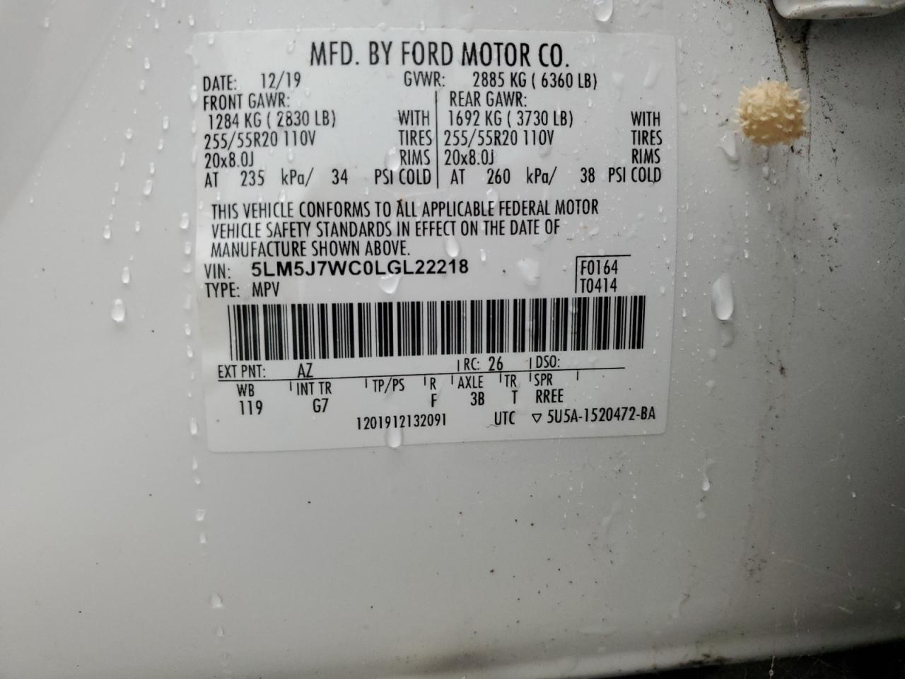 2020 Lincoln Aviator Reserve VIN: 5LM5J7WC0LGL22218 Lot: 84972925
