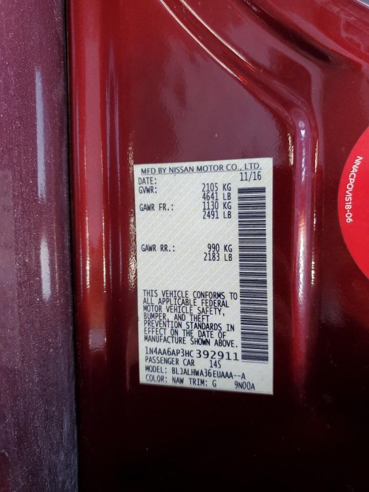 2017 Nissan Maxima 3.5S VIN: 1N4AA6AP3HC392911 Lot: 82692205