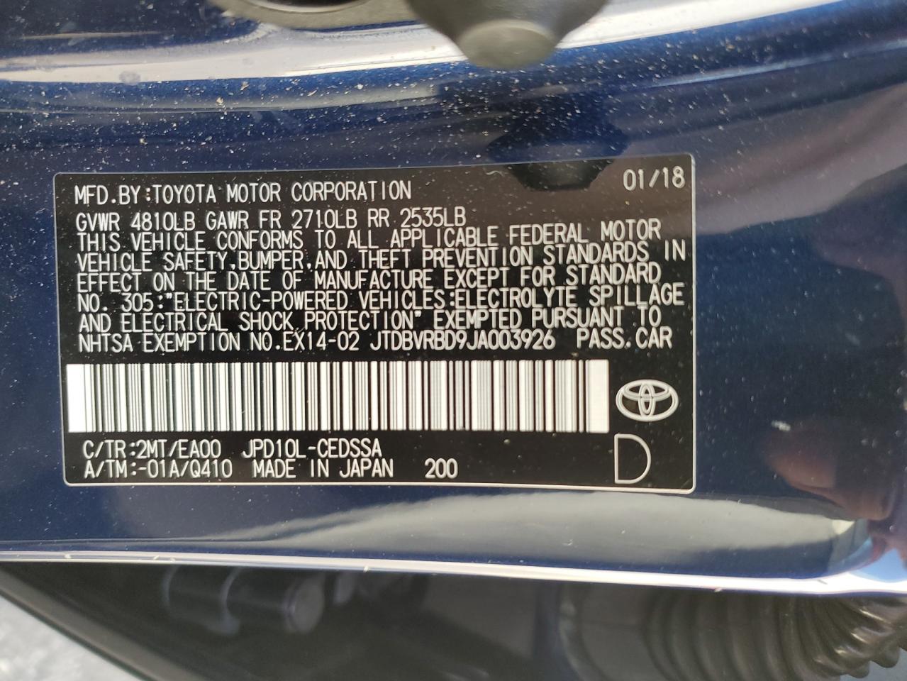 2018 Toyota Mirai VIN: JTDBVRBD9JA003926 Lot: 84959435