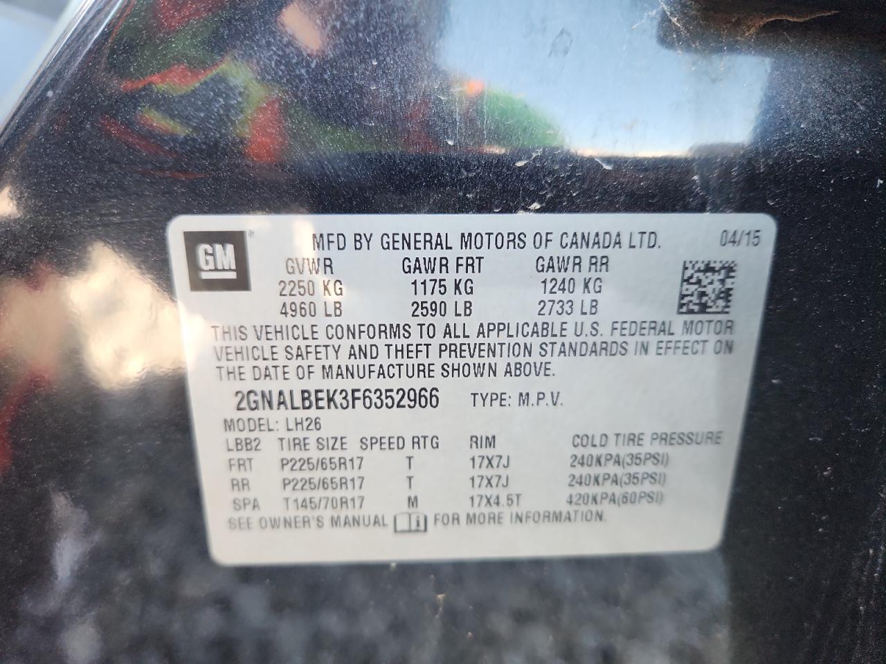 2015 Chevrolet Equinox Lt VIN: 2GNALBEK3F6352966 Lot: 84653945