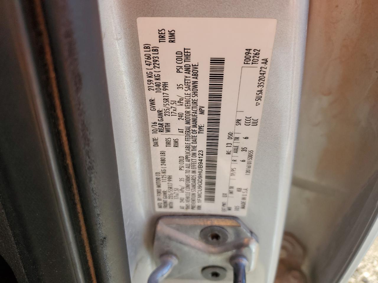 2017 Ford Escape Se VIN: 1FMCU9GD9HUB94123 Lot: 87461255