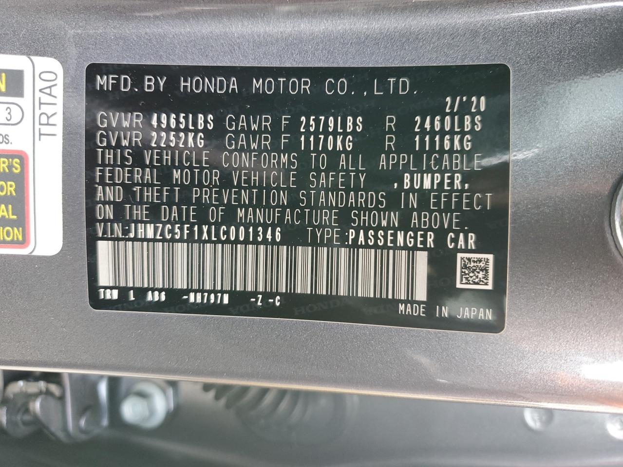 2020 Honda Clarity VIN: JHMZC5F1XLC001346 Lot: 85755285