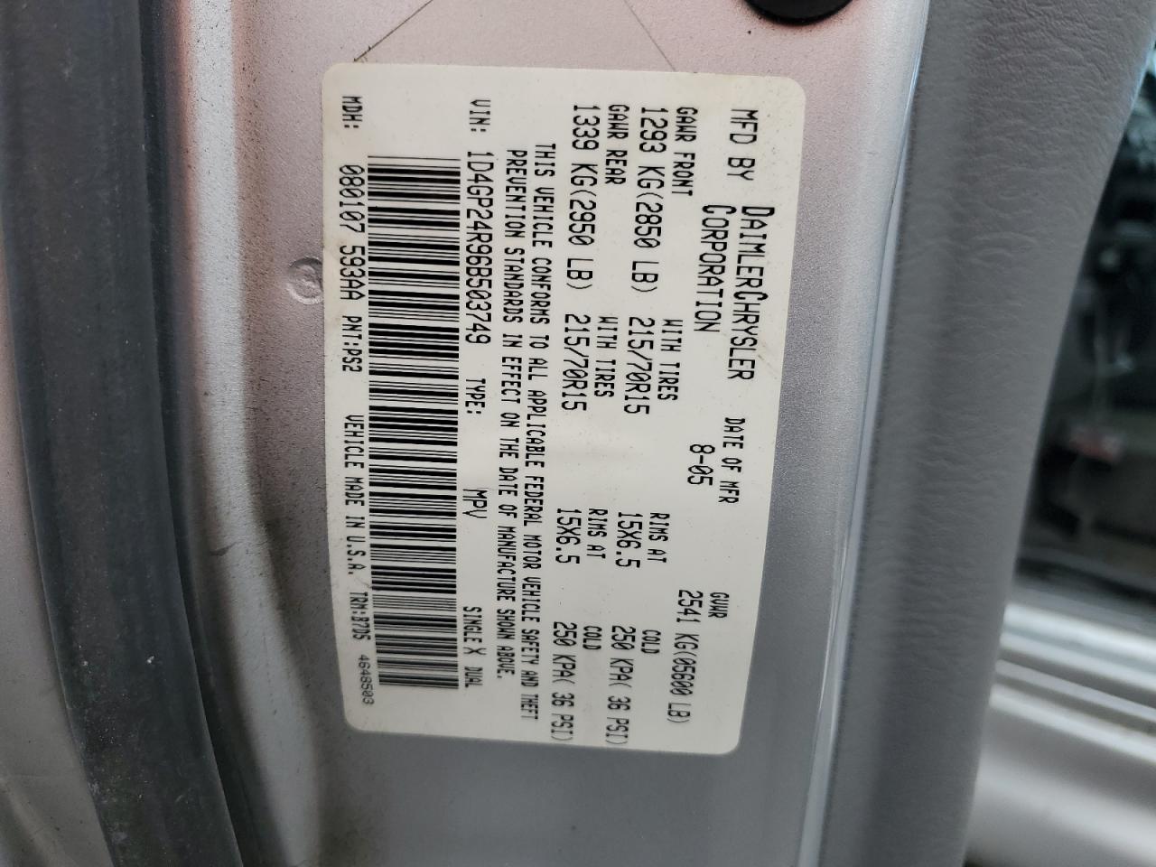 2006 Dodge Grand Caravan Se VIN: 1D4GP24R96B503749 Lot: 82352415