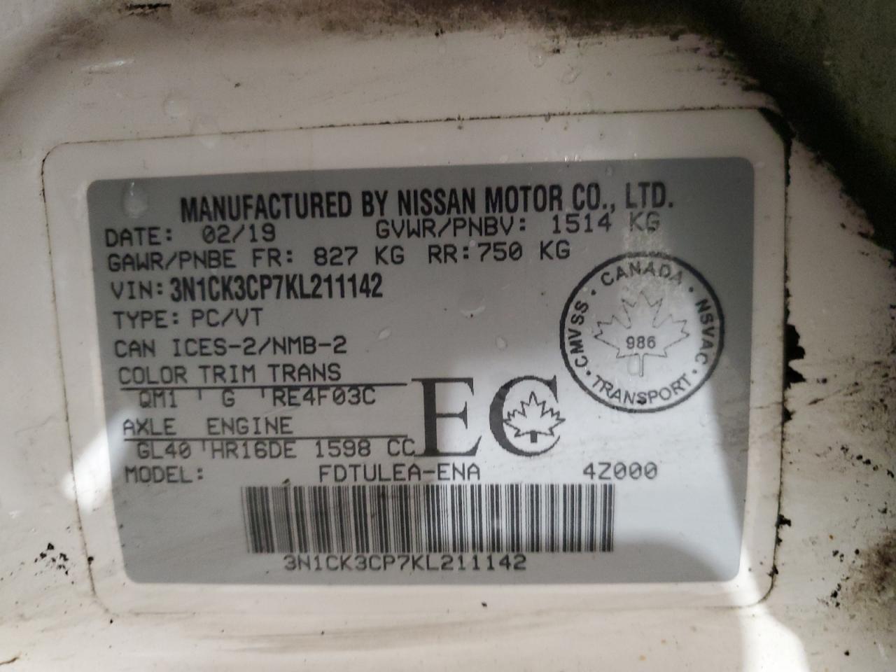 2019 Nissan Micra VIN: 3N1CK3CP7KL211142 Lot: 90445925