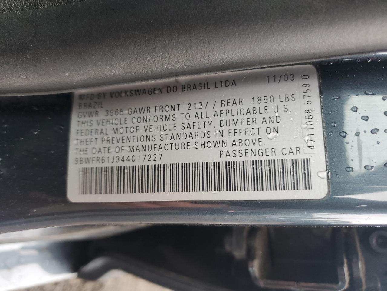 2004 Volkswagen Golf Gl Tdi VIN: 9BWFR61J344017227 Lot: 85846625