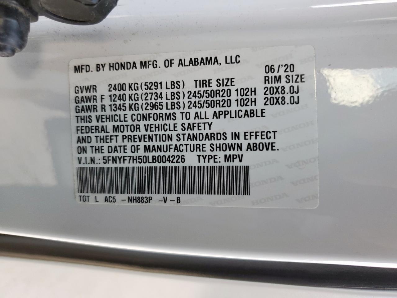 2020 Honda Passport Exl VIN: 5FNYF7H50LB004226 Lot: 85559005