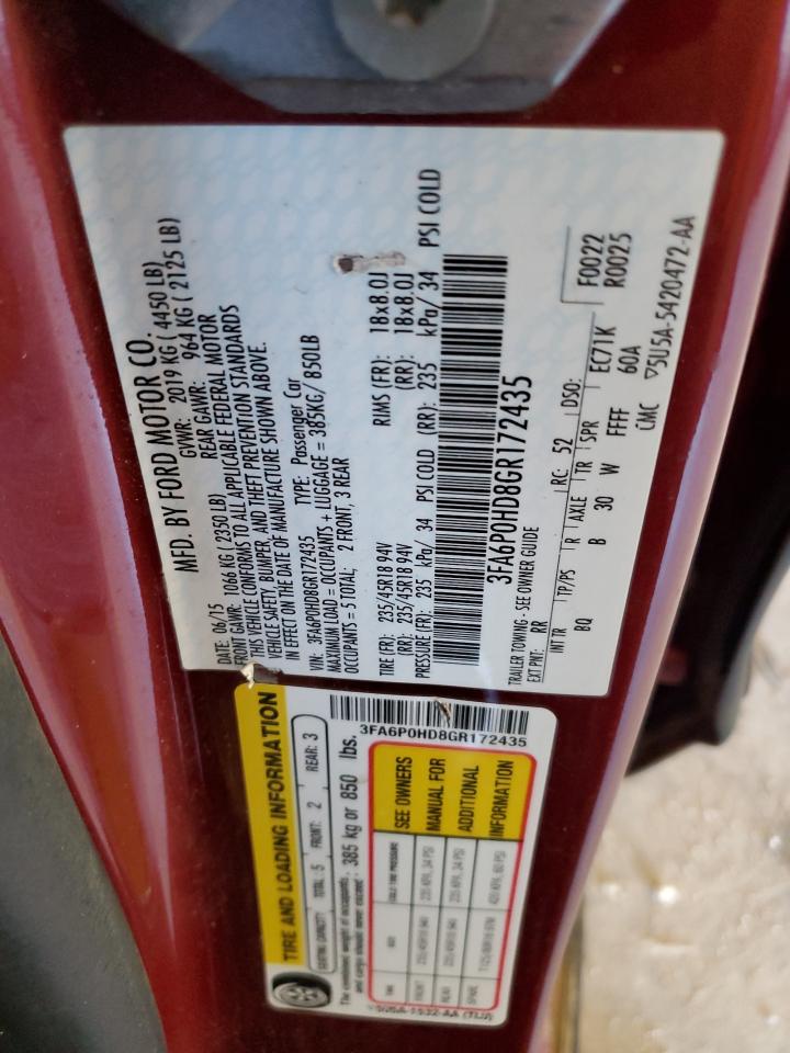 2016 Ford Fusion Se VIN: 3FA6P0HD8GR172435 Lot: 90215915