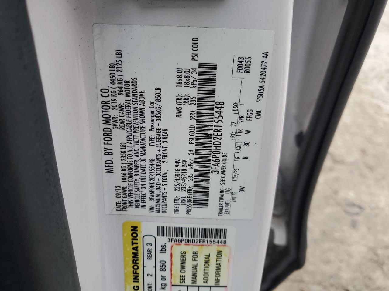 2014 Ford Fusion Se VIN: 3FA6P0HD2ER155448 Lot: 86127755