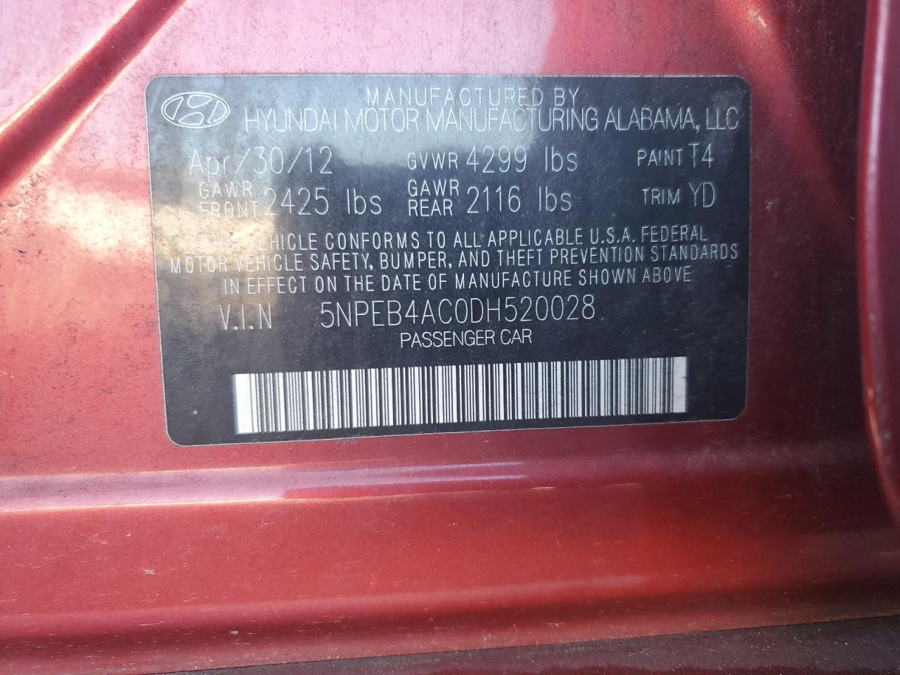 2013 Hyundai Sonata Gls VIN: 5NPEB4AC0DH520028 Lot: 84458135