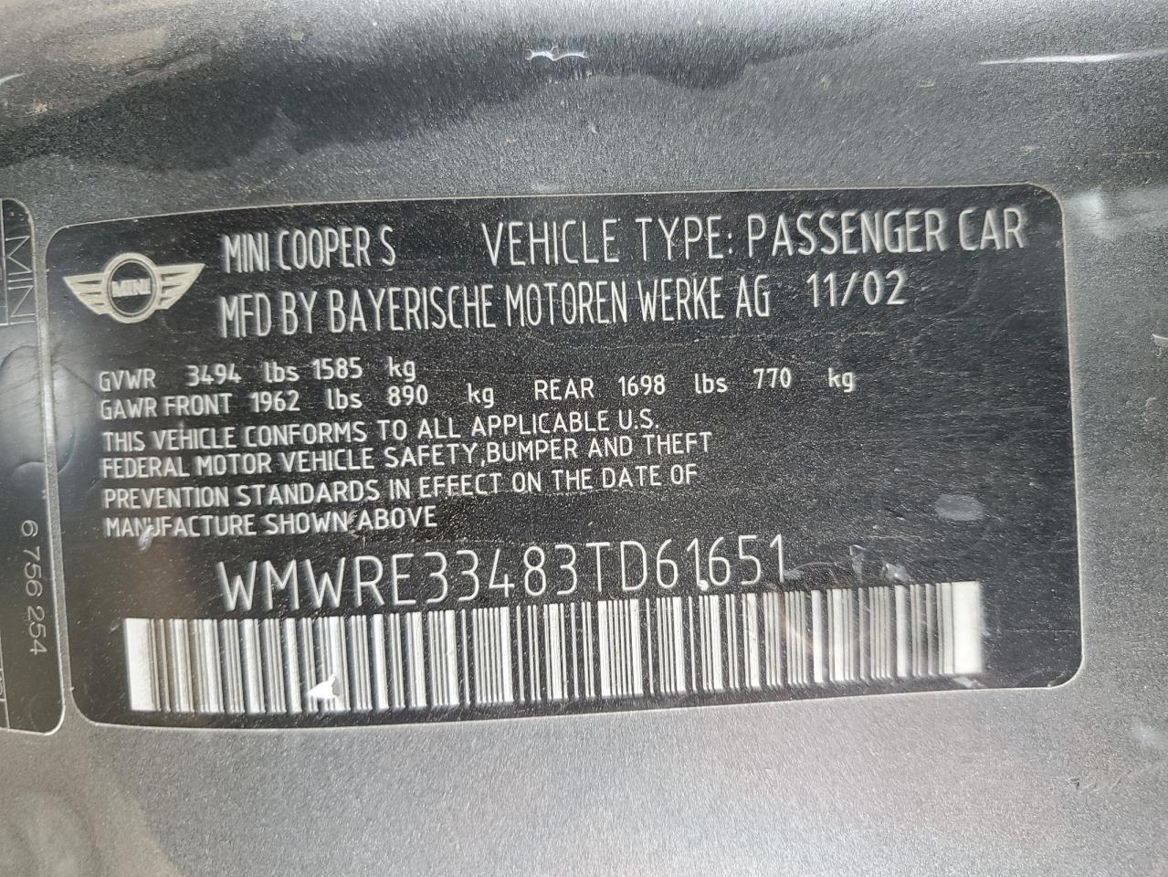 2003 Mini Cooper S VIN: WMWRE33483TD61651 Lot: 86266485