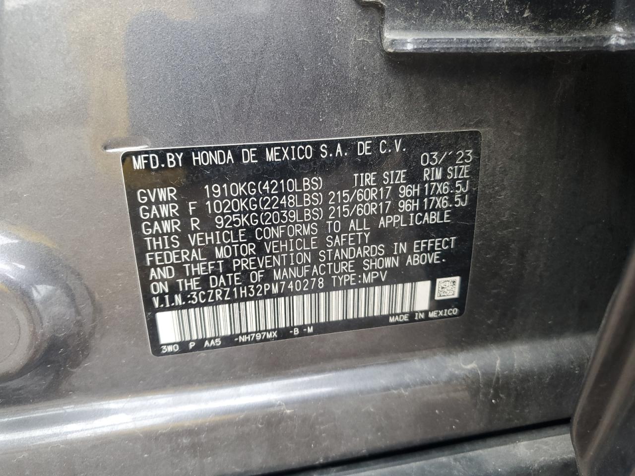 2023 Honda Hr-V Lx VIN: 3CZRZ1H32PM740278 Lot: 85352385