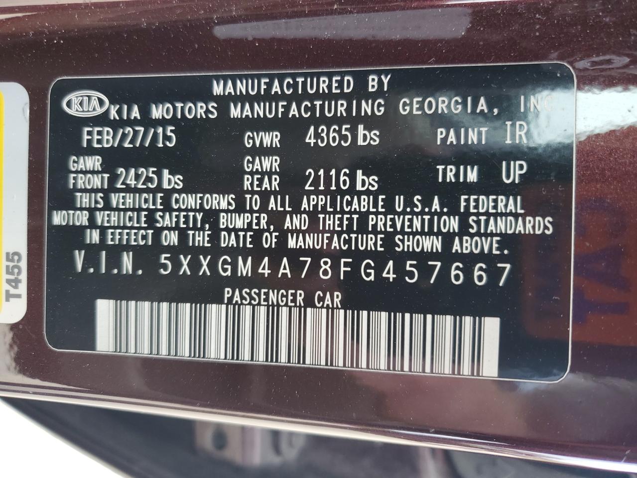 2015 Kia Optima Lx VIN: 5XXGM4A78FG457667 Lot: 82421745