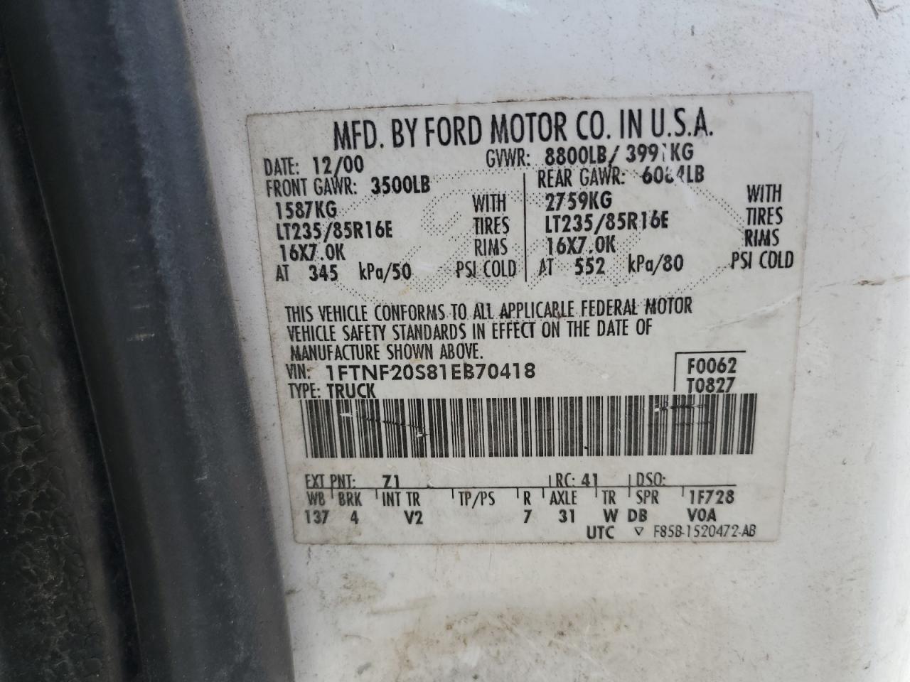 2001 Ford F250 Super Duty VIN: 1FTNF20S81EB70418 Lot: 86113315