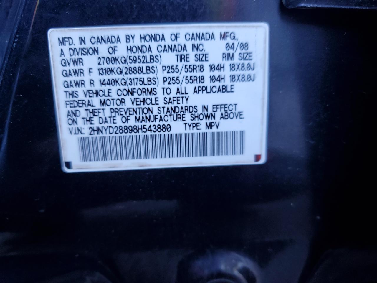 2008 Acura Mdx Sport VIN: 2HNYD28898H543880 Lot: 87194915