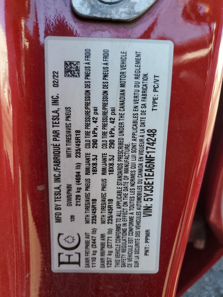 2022 Tesla Model 3 VIN: 5YJ3E1EA6NF174248 Lot: 85285445
