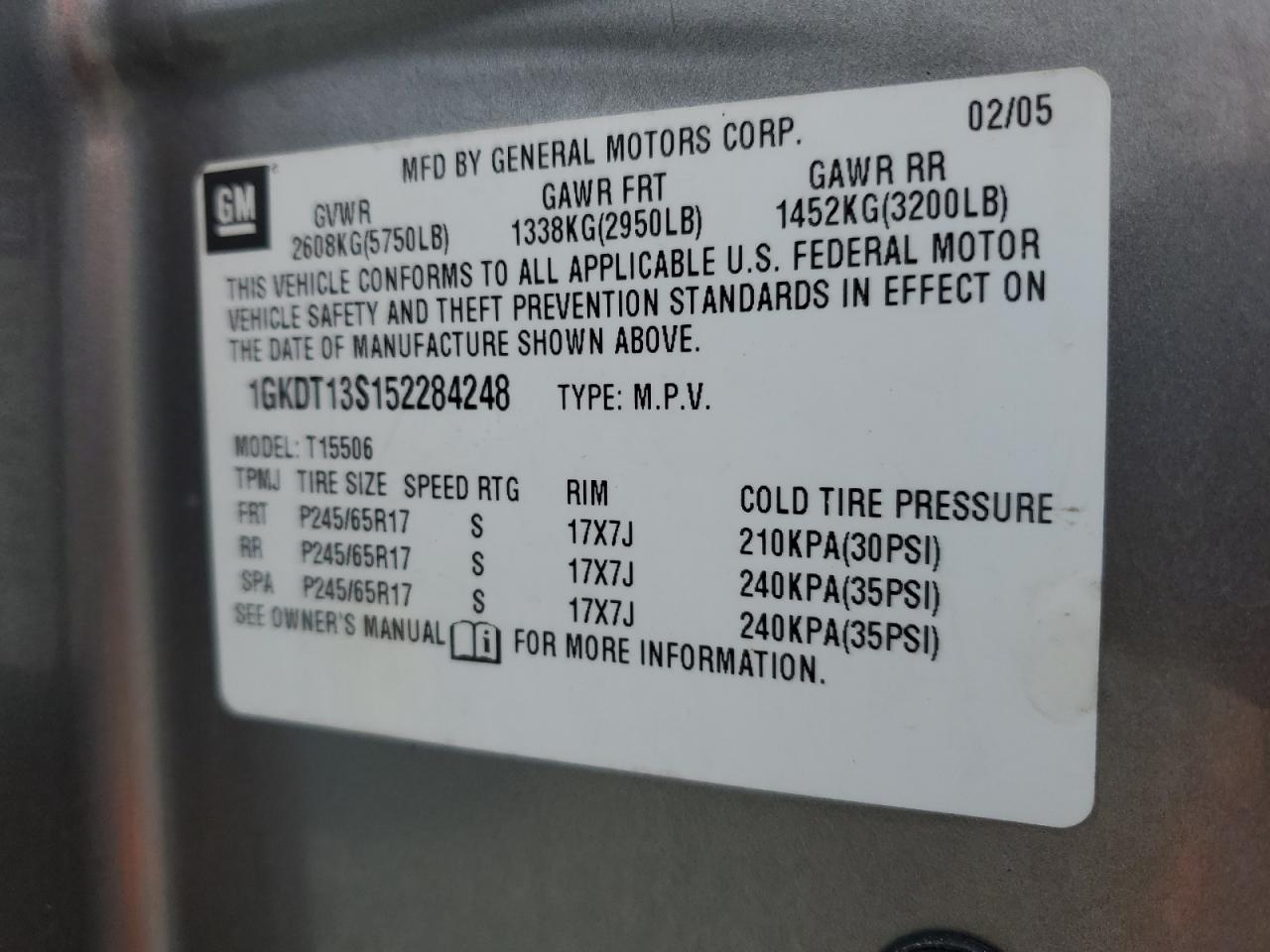 2005 GMC Envoy VIN: 1GKDT13S152284248 Lot: 82451495