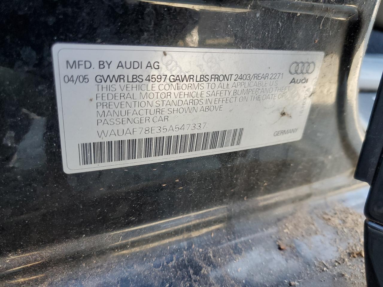 2005 Audi A4 2.0T VIN: WAUAF78E35A547337 Lot: 90485305