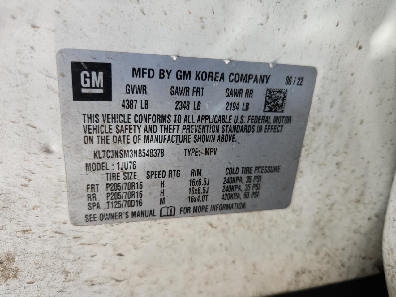 2022 Chevrolet Trax Ls VIN: KL7CJNSM3NB548378 Lot: 85592335