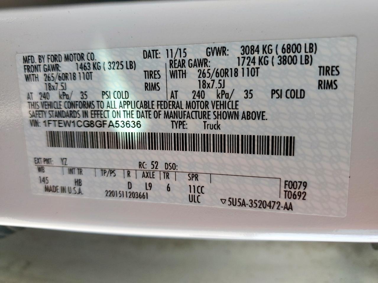 2016 Ford F150 Supercrew VIN: 1FTEW1CG8GFA53636 Lot: 82238225