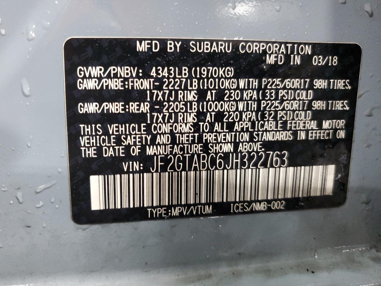 2018 Subaru Crosstrek Premium VIN: JF2GTABC6JH322763 Lot: 85003275