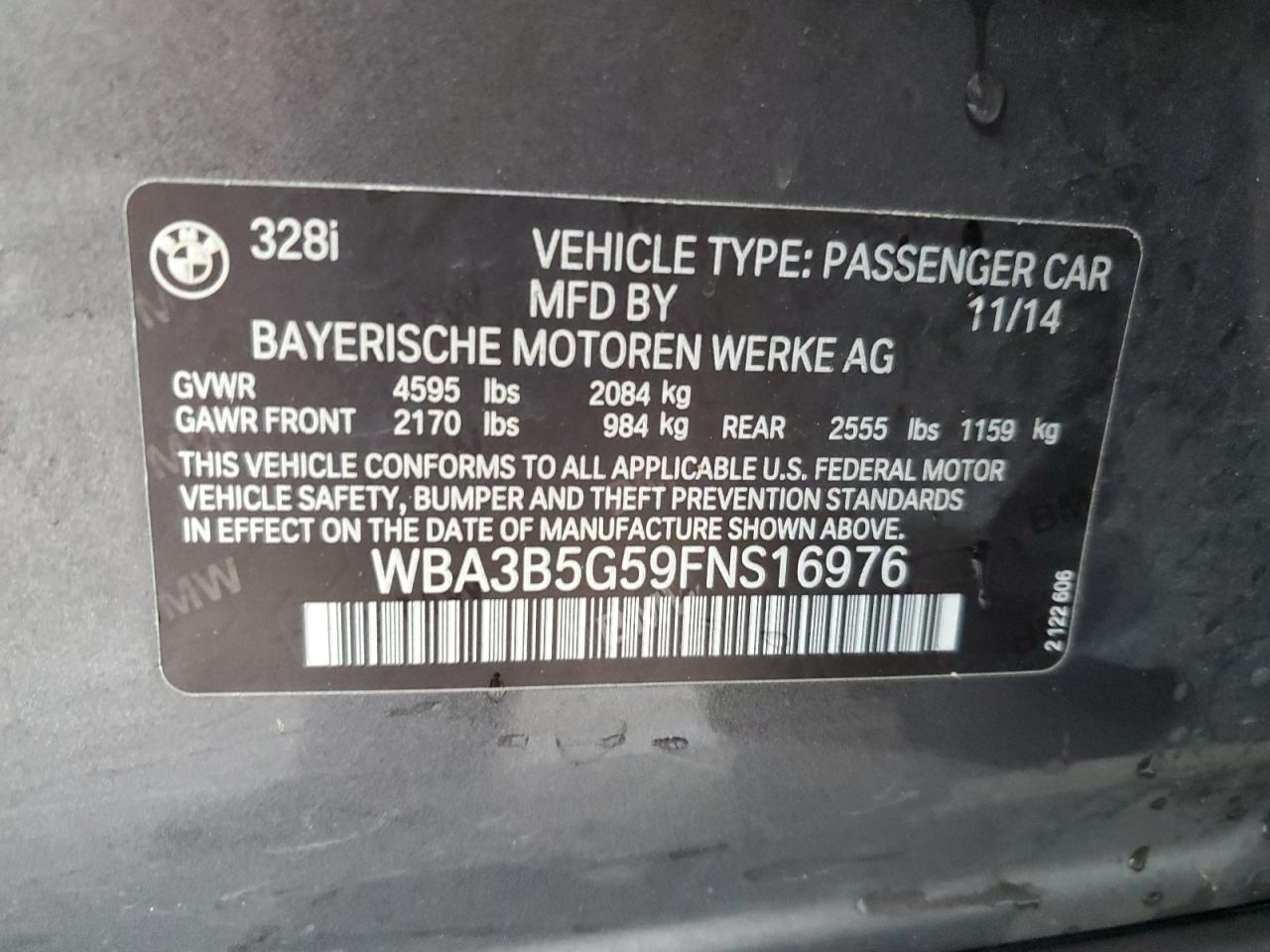 2015 BMW 328 Xi Sulev VIN: WBA3B5G59FNS16976 Lot: 85710995