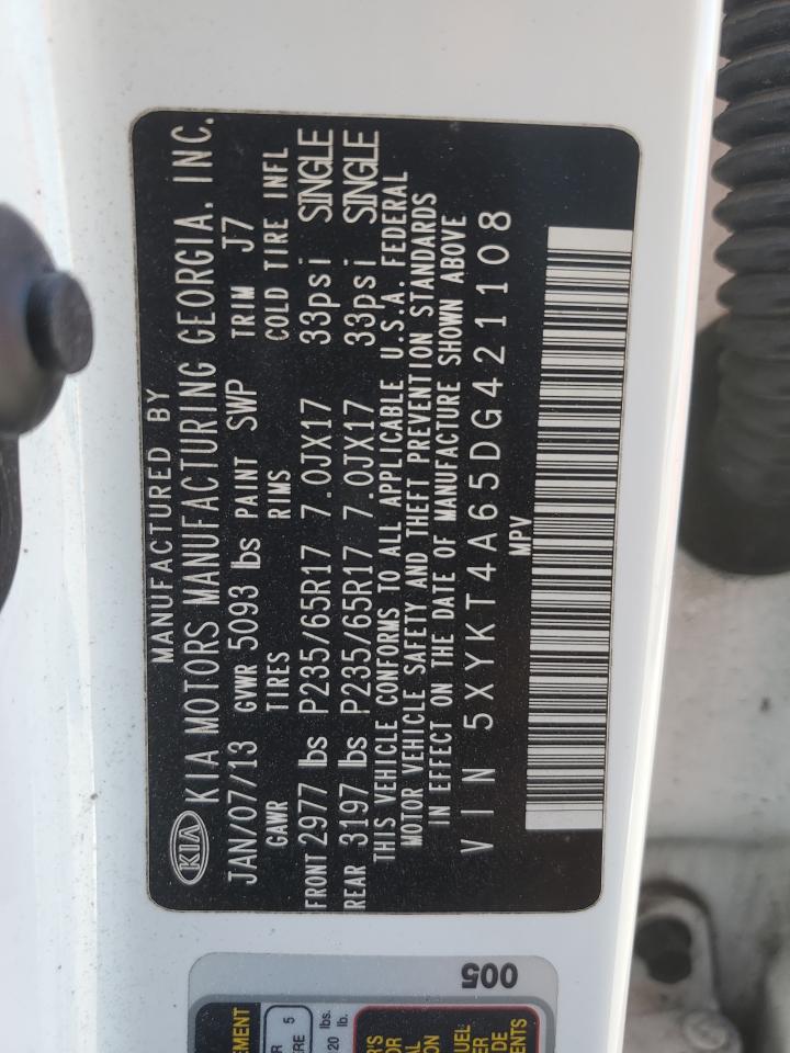 2013 Kia Sorento Lx VIN: 5XYKT4A65DG421108 Lot: 85707475