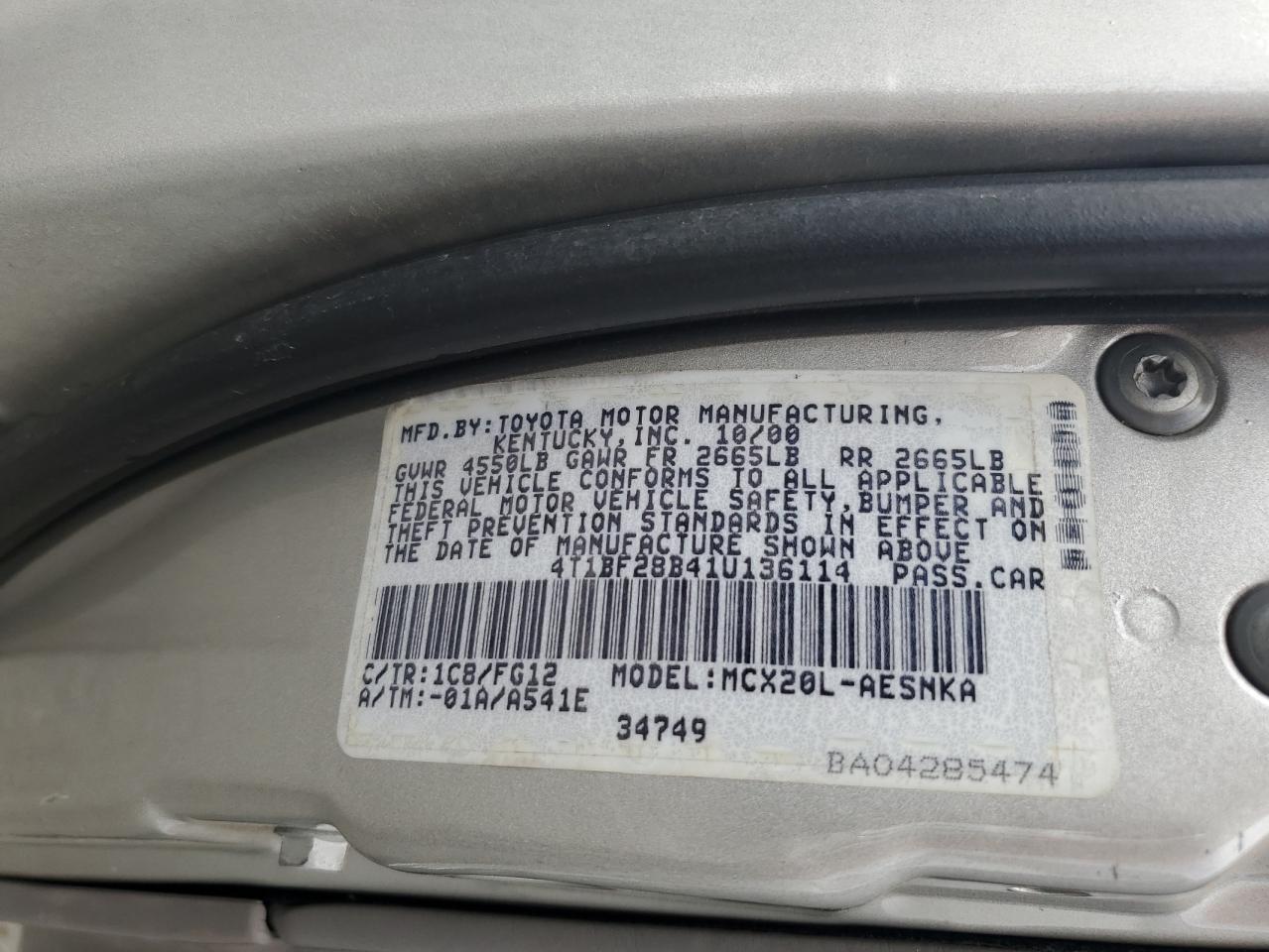 2001 Toyota Avalon Xl VIN: 4T1BF28B41U136114 Lot: 85870385