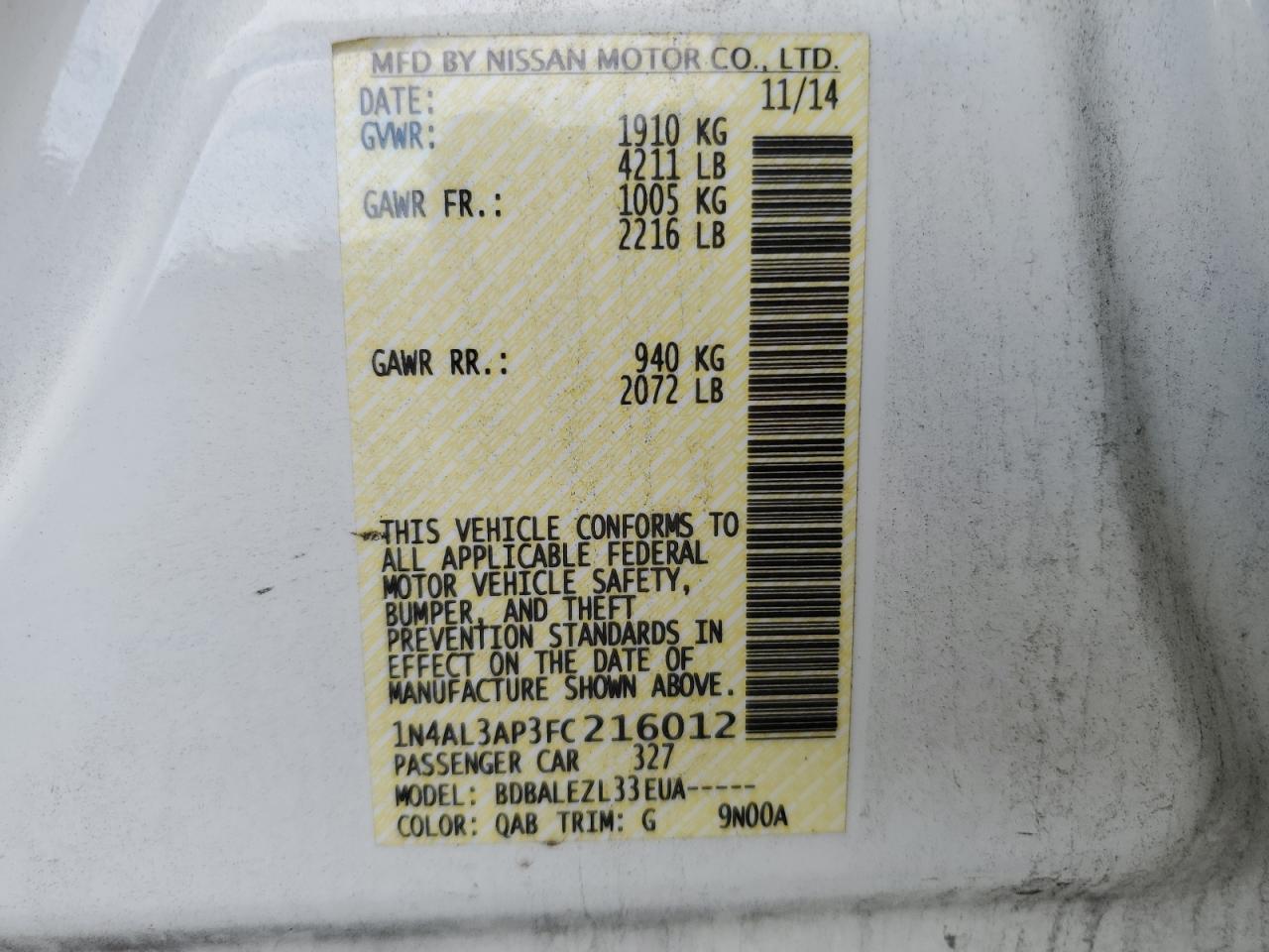 2015 Nissan Altima 2.5 VIN: 1N4AL3AP3FC216012 Lot: 85297465