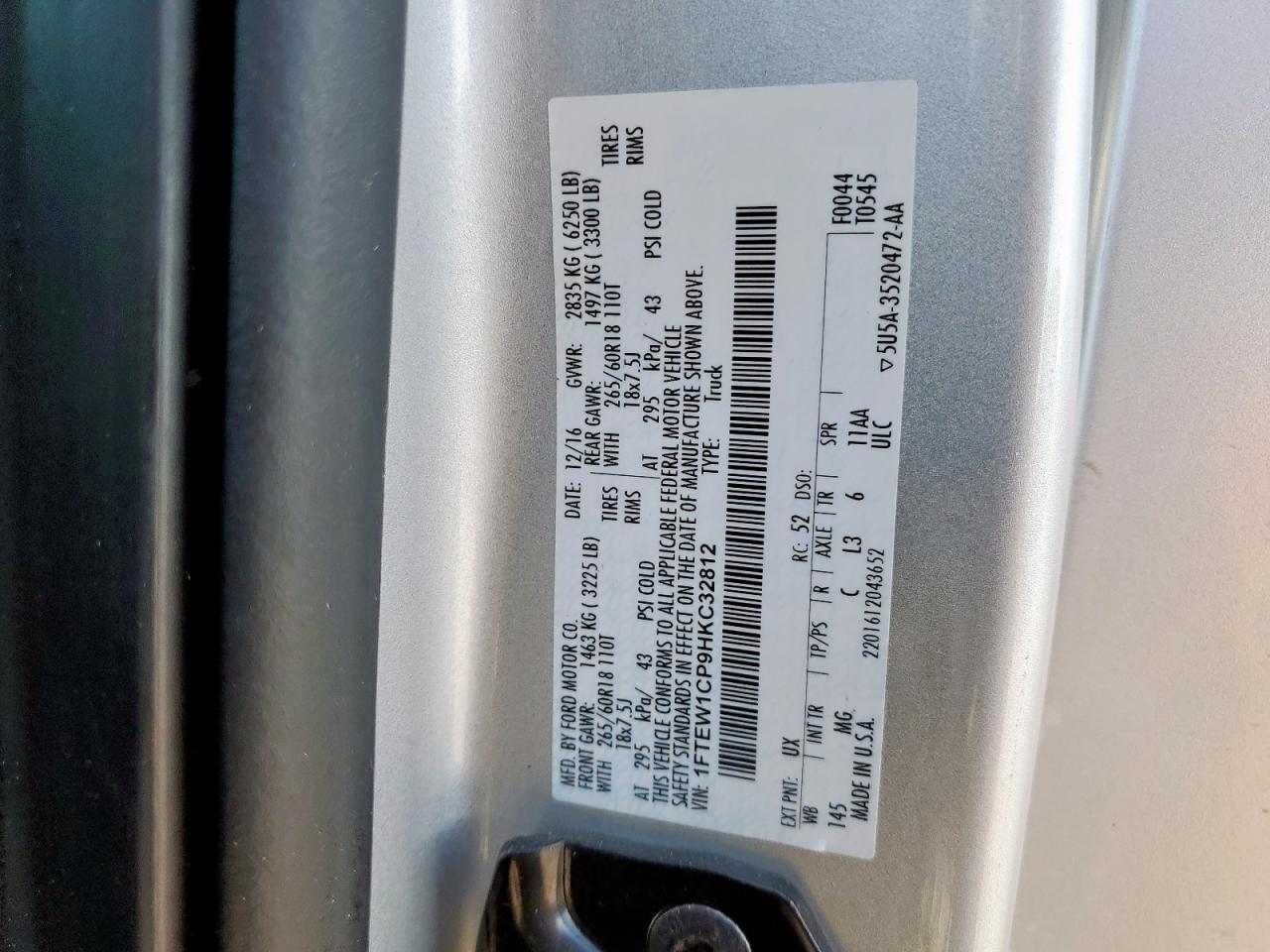 2017 Ford F150 Supercrew VIN: 1FTEW1CP9HKC32812 Lot: 82225955