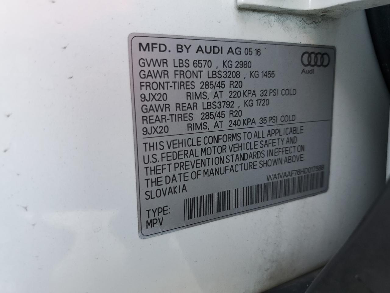 2017 Audi Q7 Prestige VIN: WA1VAAF76HD017588 Lot: 87223165