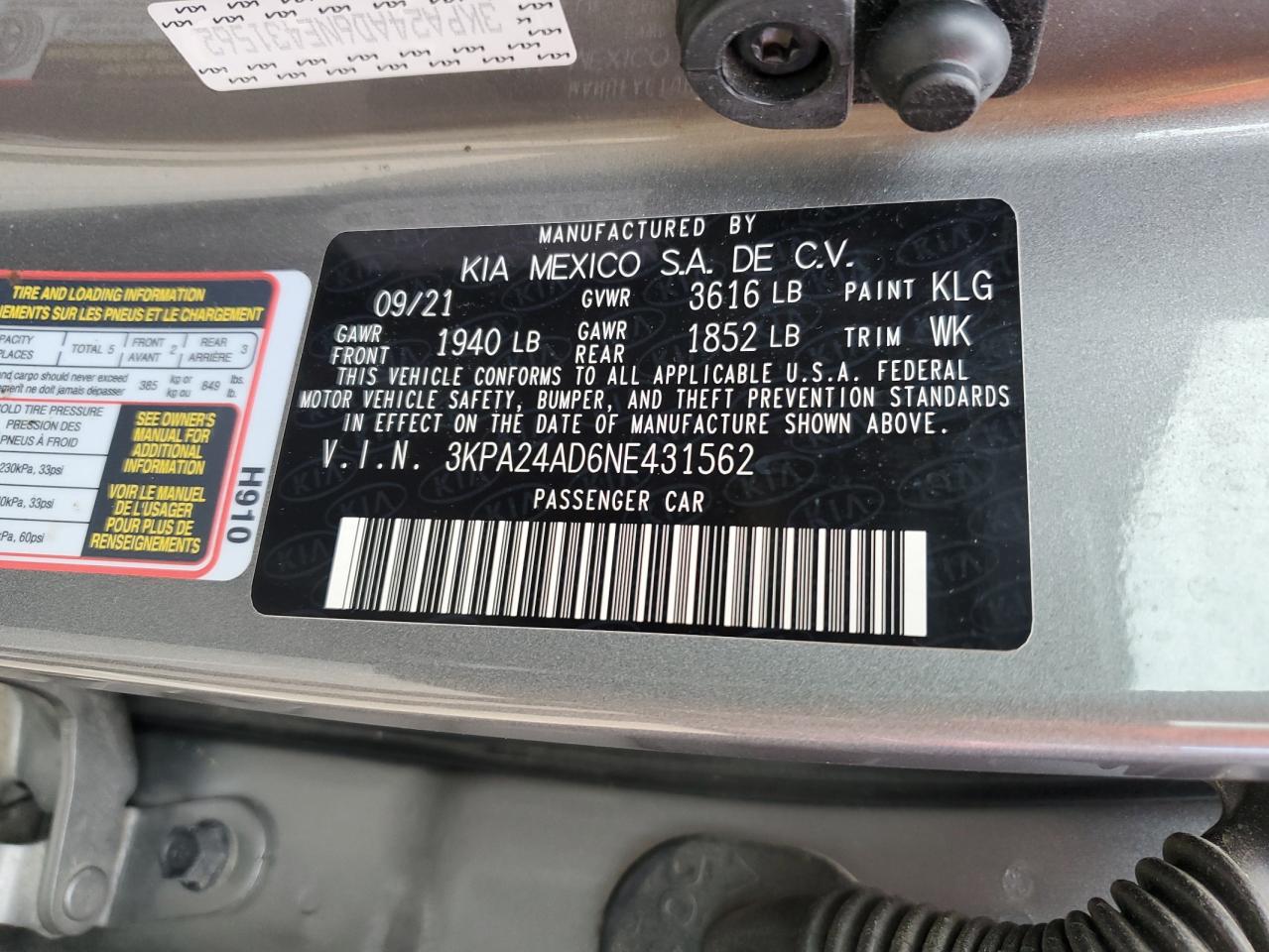 2022 Kia Rio Lx VIN: 3KPA24AD6NE431562 Lot: 90627645