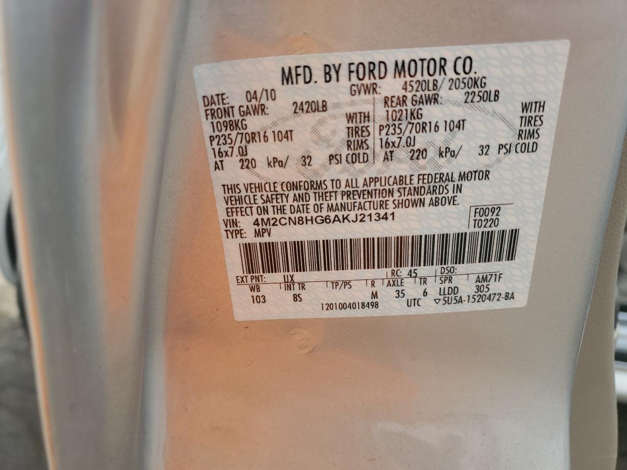 2010 Mercury Mariner Premier VIN: 4M2CN8HG6AKJ21341 Lot: 82489595