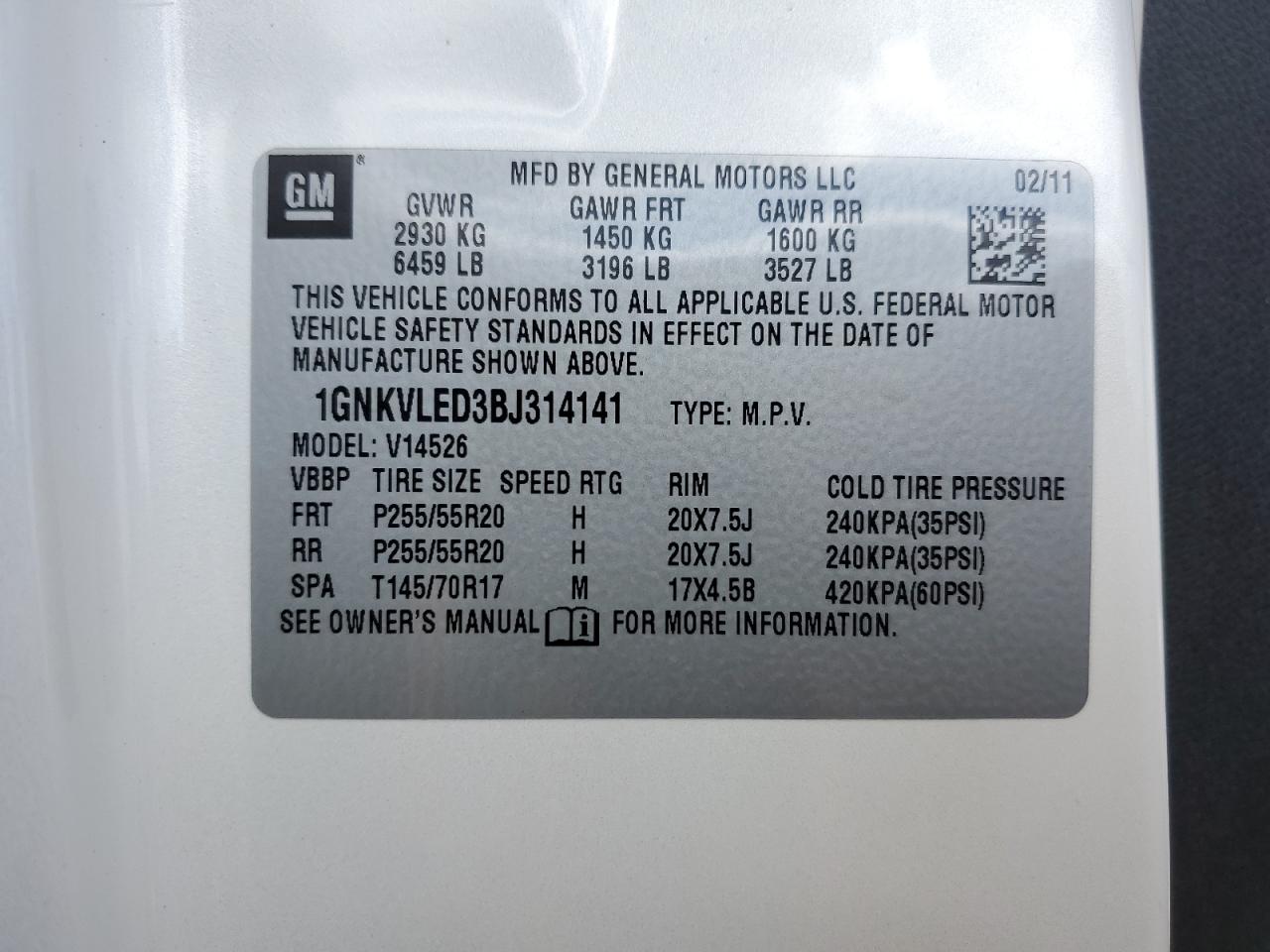 2011 Chevrolet Traverse Ltz VIN: 1GNKVLED3BJ314141 Lot: 85869185